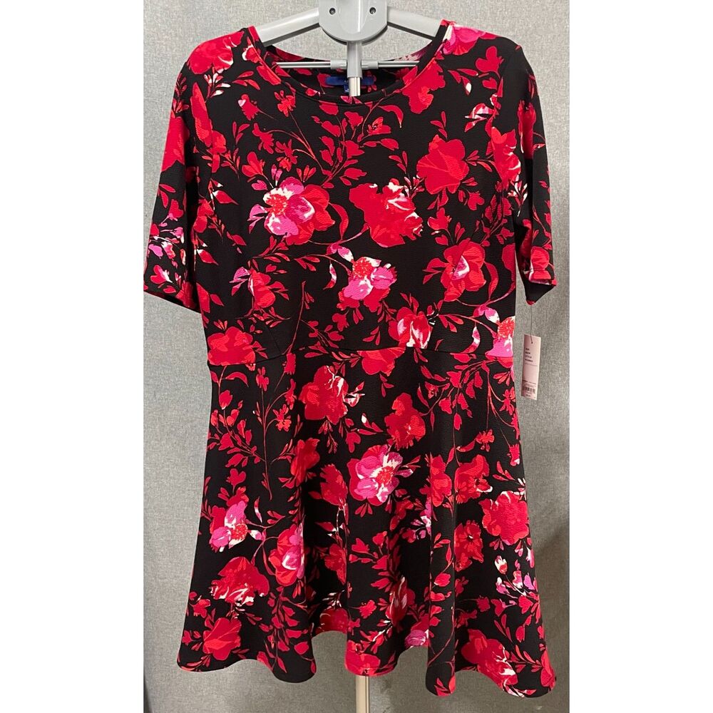 Apt. 9 XL NWT Floral Fit & Flare Dress Black Red Pink 3/4 Sleeve Stretch